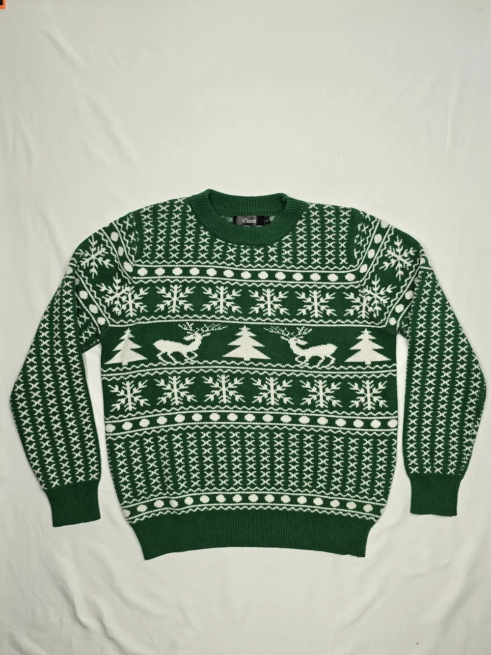 iClosam Green Reindeer Fair Isle Christmas Sweater Size L